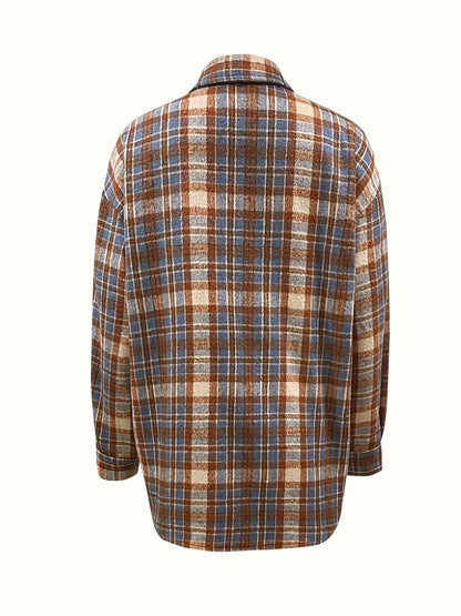 Shacket oversize da donna a quadri beige, blu e marrone
