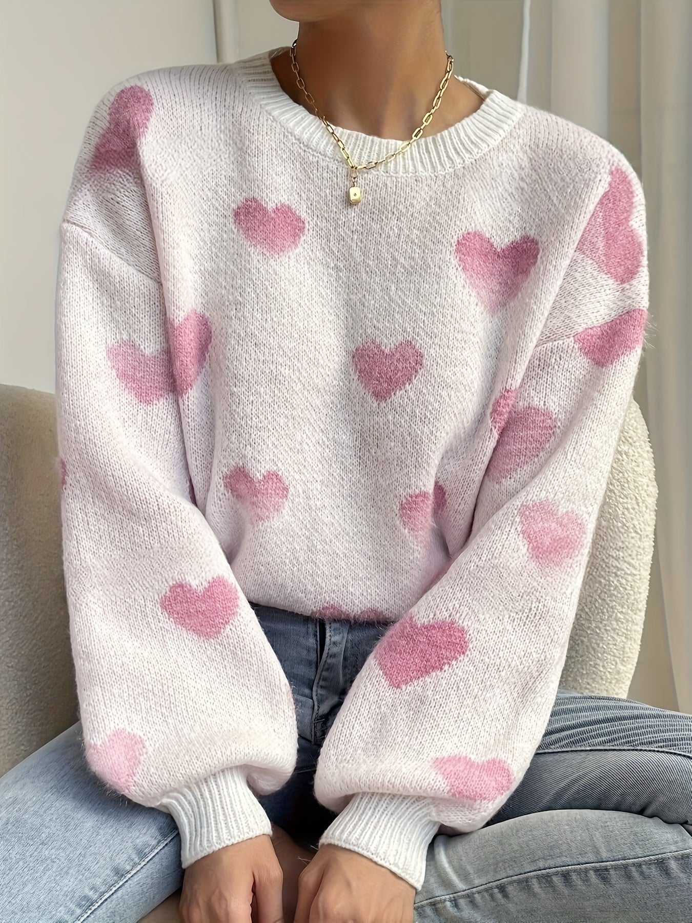 Maglione da donna lavorato a maglia, vestibilità morbida, motivo a cuore, girocollo, bianco e beige