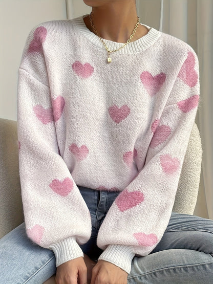 Maglione da donna lavorato a maglia, vestibilità morbida, motivo a cuore, girocollo, bianco e beige