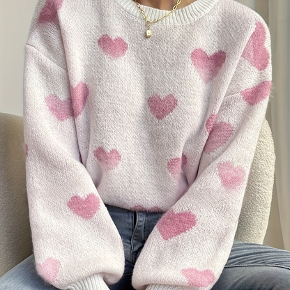 Maglione da donna lavorato a maglia, vestibilità morbida, motivo a cuore, girocollo, bianco e beige