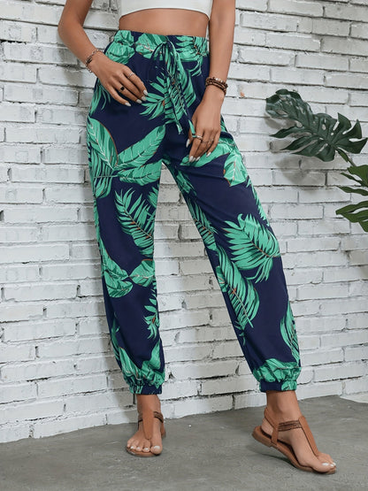 Damen Sommer-Jogginghose im tropischen Print, lockere Freizeithose für Urlaub & Alltag