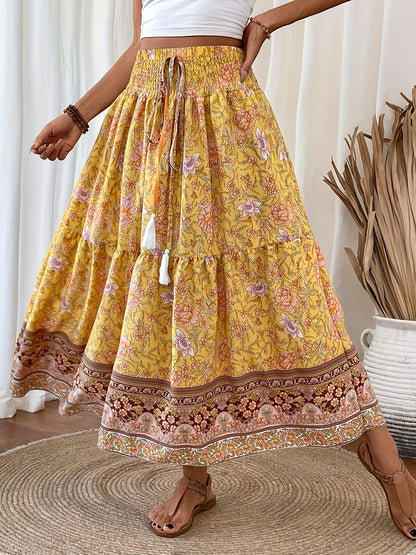Damen Boho Maxirock mit Blumenmuster, Eleganter Sommerrock für Freizeit und Urlaub