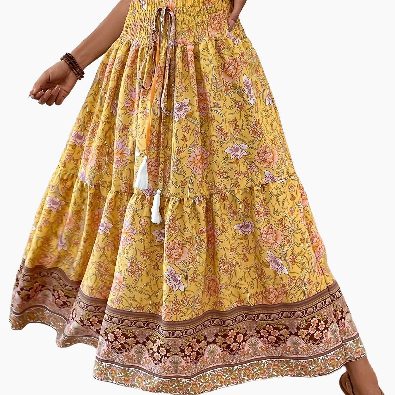 Damen Boho Maxirock mit Blumenmuster, Eleganter Sommerrock für Freizeit und Urlaub