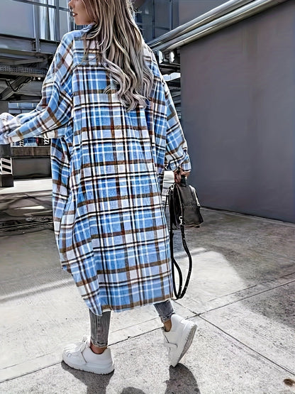 Camicia overshirt lunga da donna a quadri in stile casual per primavera e autunno