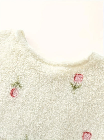 Camicia da notte da donna in peluche, a maniche lunghe, con scollo rotondo, tasche e ricami floreali