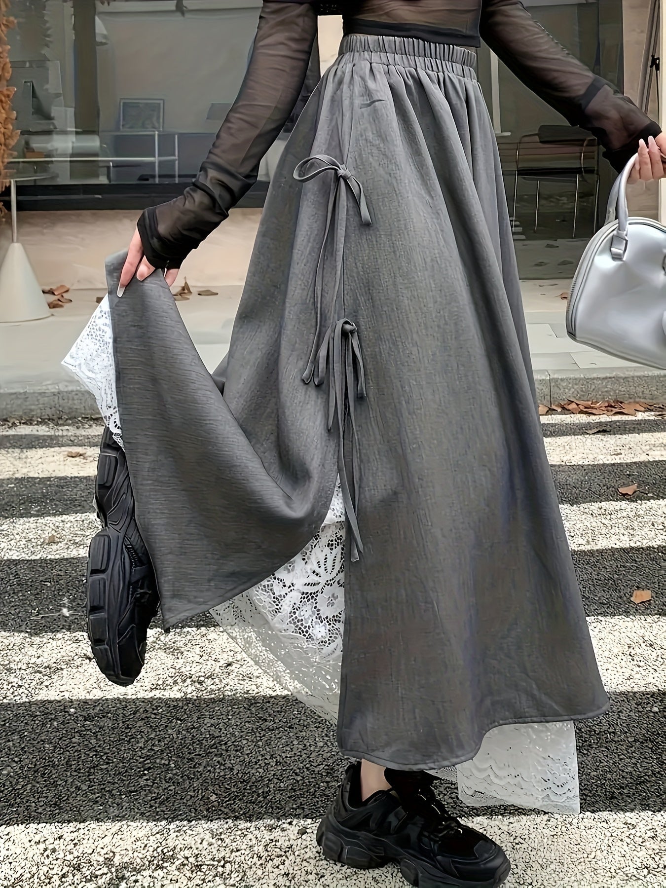 Damen Maxirock Grau mit Spitzenbesatz und Bindedetails