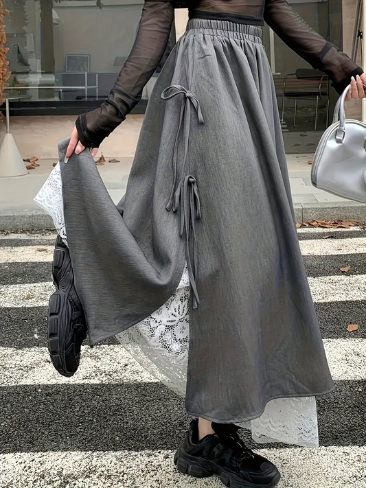 Damen Maxirock Grau mit Spitzenbesatz und Bindedetails