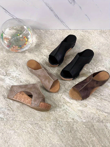 Damen Vintage Plateau-Sandalen mit Keilabsatz und offenem Zehenbereich – Sommer Slip-On Schuhe