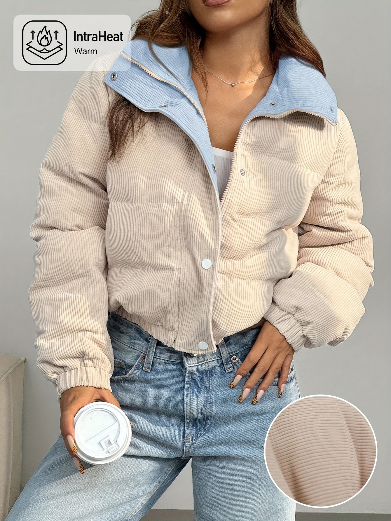 Cord Steppjacke Beige mit Rosa Kragen Damen Kurz