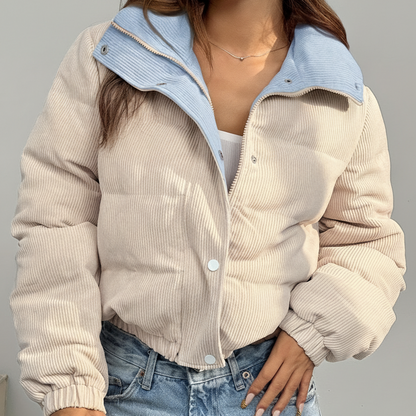 Cord Steppjacke Beige mit Rosa Kragen Damen Kurz