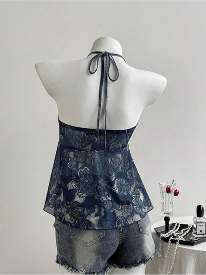 Dame halterneck volant top med hjerteprint – romantisk sommer peplum top til fritid og udgang