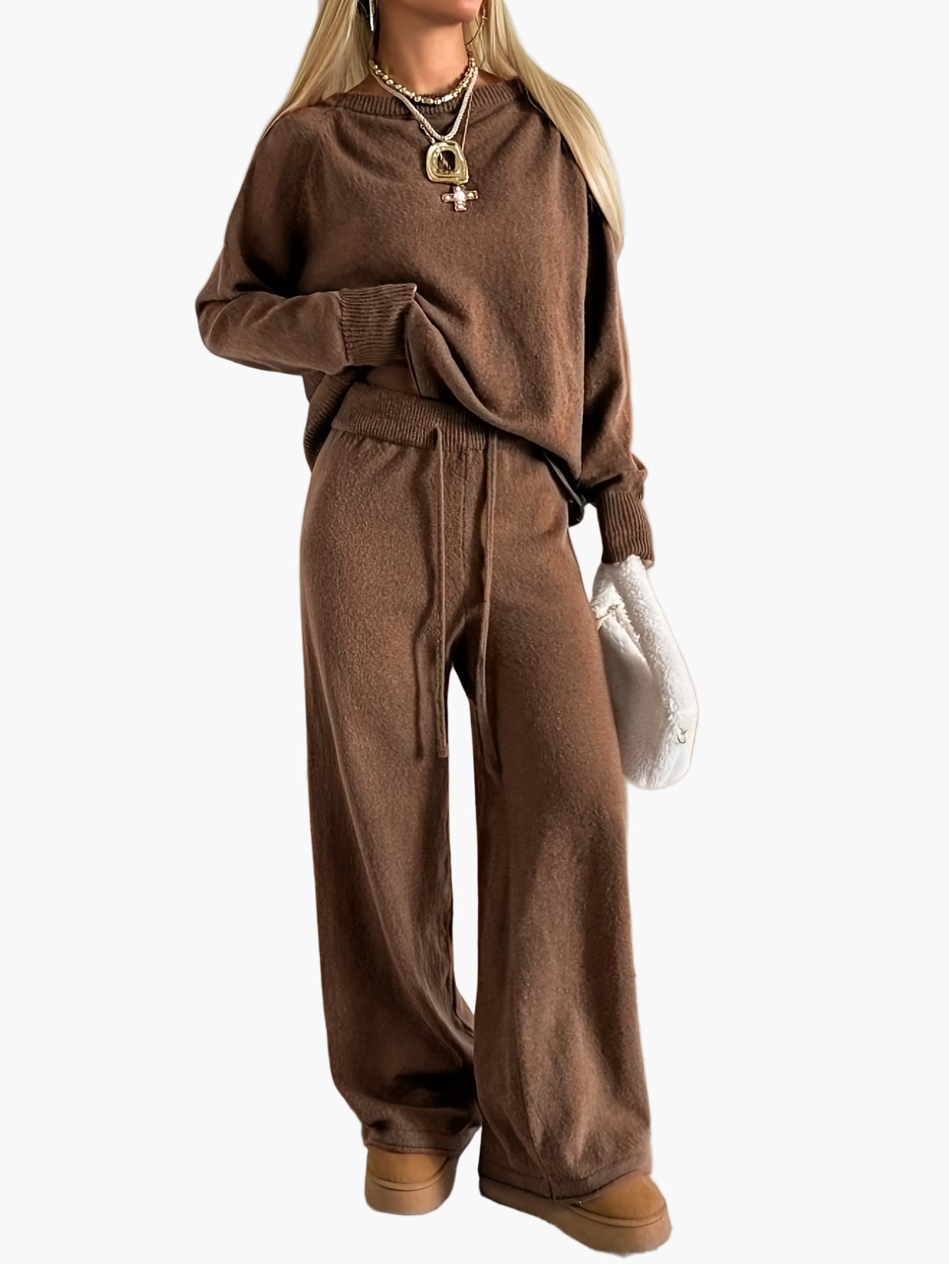Damen Lounge Set Freizeit Zweiteiler mit weitem Schnitt – Bequemer Strickpullover und Hose, modisch für Herbst und Winter