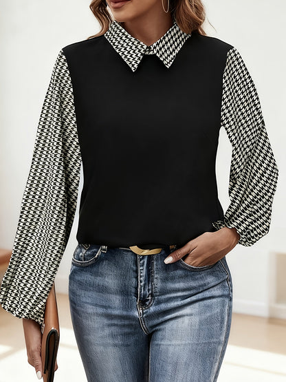 Blusa de mujer negra con estampado de pata de gallo, manga larga y cuello mao