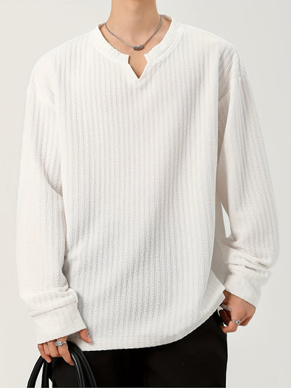Herren Langarmshirt Henley Kragen Strukturmuster