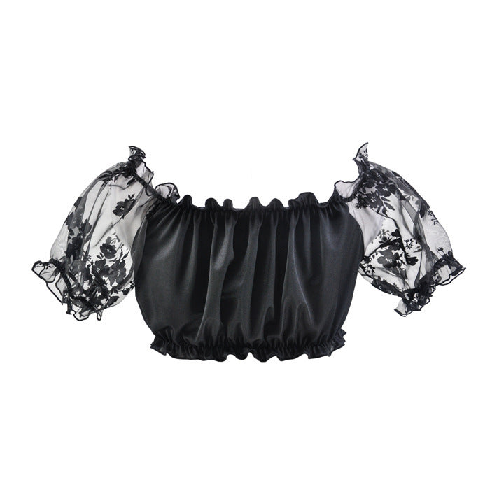 Crop Top con Mangas Abullonadas y Encaje para Mujer – Elegante Top Off-Shoulder para Oktoberfest para Mujeres a la Moda