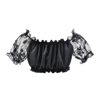 Crop Top con Mangas Abullonadas y Encaje para Mujer – Elegante Top Off-Shoulder para Oktoberfest para Mujeres a la Moda