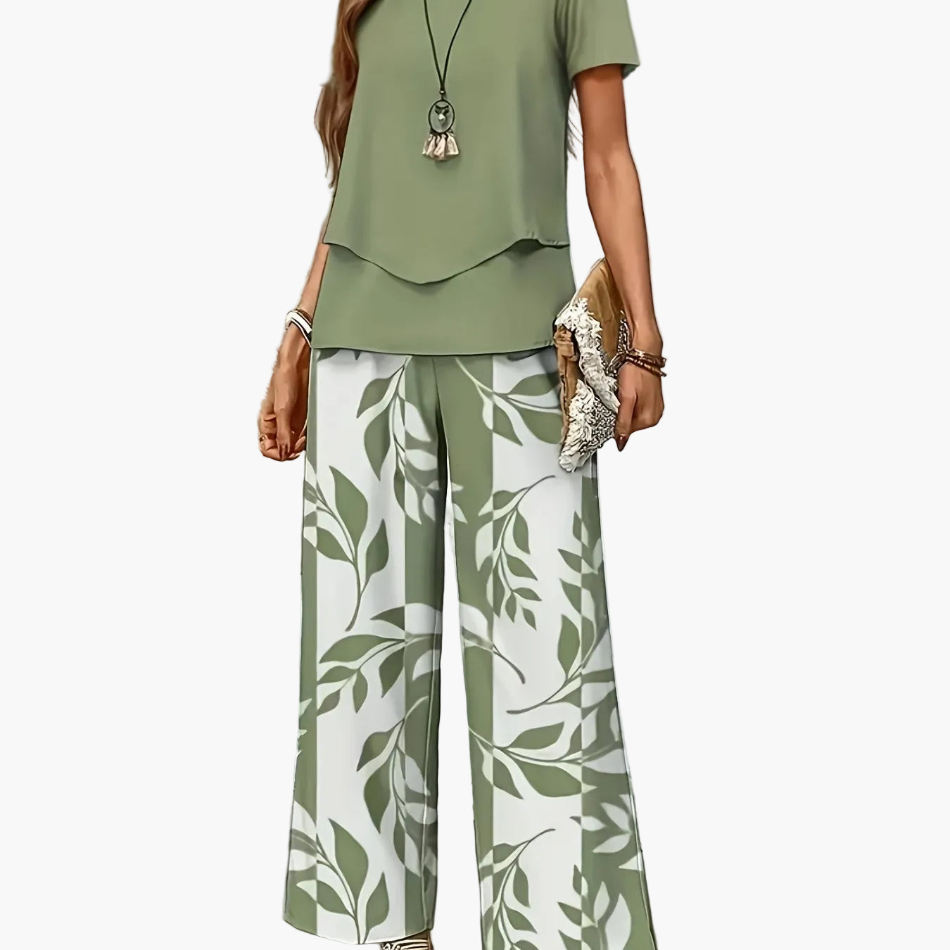 Damen Elegantes Sommer-Set mit Kurzarm-Shirt und weiter Hose, Freizeit-Outfit, Modernes Muster