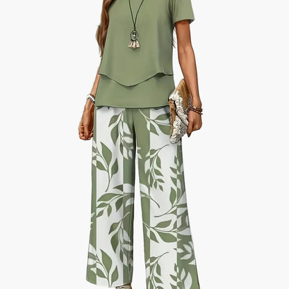 Damen Elegantes Sommer-Set mit Kurzarm-Shirt und weiter Hose, Freizeit-Outfit, Modernes Muster