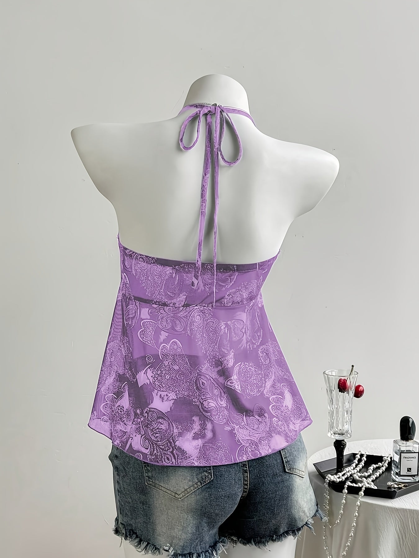 Dame halterneck volant top med hjerteprint – romantisk sommer peplum top til fritid og udgang