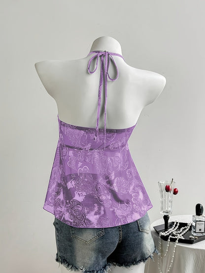 Dame halterneck volant top med hjerteprint – romantisk sommer peplum top til fritid og udgang