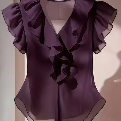 Damevolantbluse med V-hals og volanger – Elegant chiffongbluse for kontor og kveld