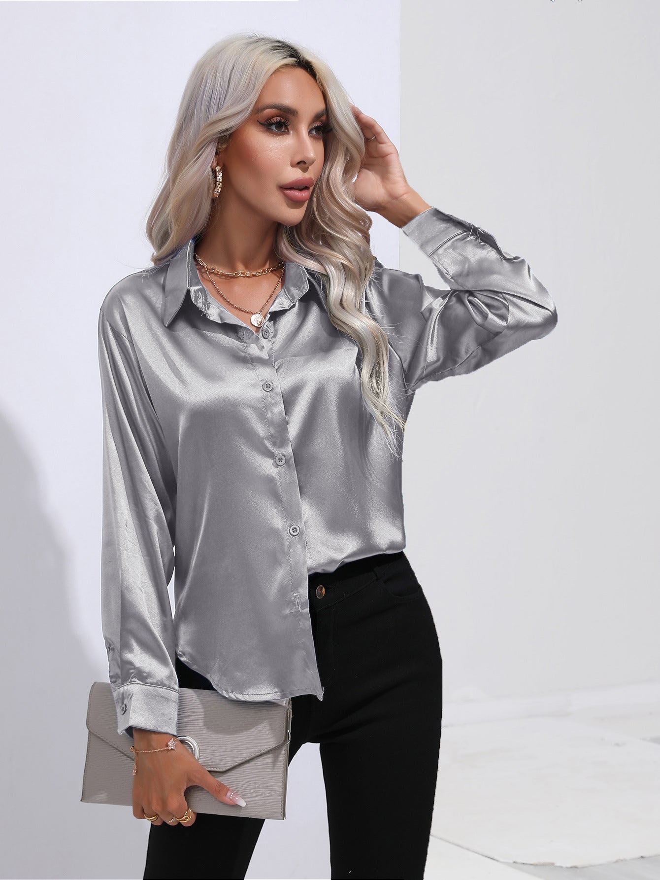 Damen Satinbluse im Cardigan-Stil – Elegante Bluse für Büro, Alltag & Feste