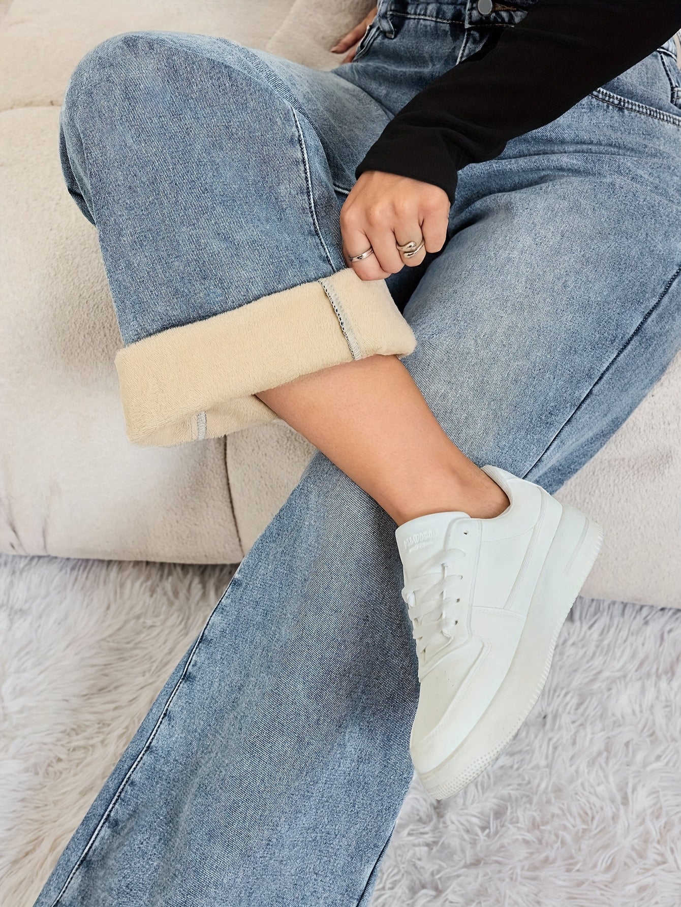 Damen Jeansweite Hose gefüttert Hellblau