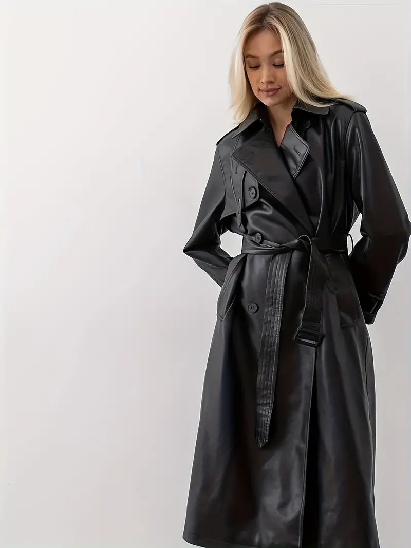 Trench-coat long pour femme – Manteau tendance avec ceinture à la taille et revers, idéal pour l'automne et l'hiver