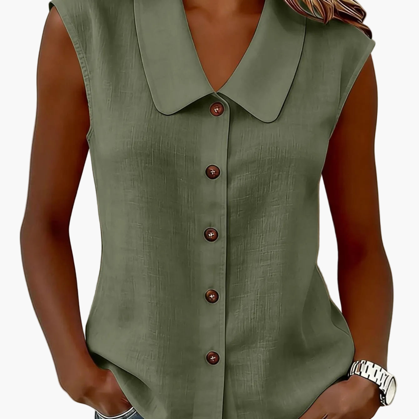 Blouse sans manches pour femme avec patte de boutonnage et grand col – Style décontracté élégant pour le quotidien et le bureau