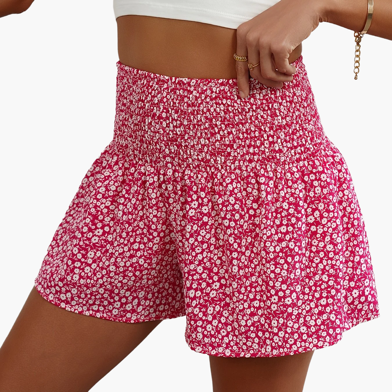 Dame sommershorts med blomsterprint og smock-midje – fritid og ferie