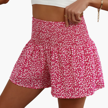 Dame sommershorts med blomsterprint og smock-midje – fritid og ferie