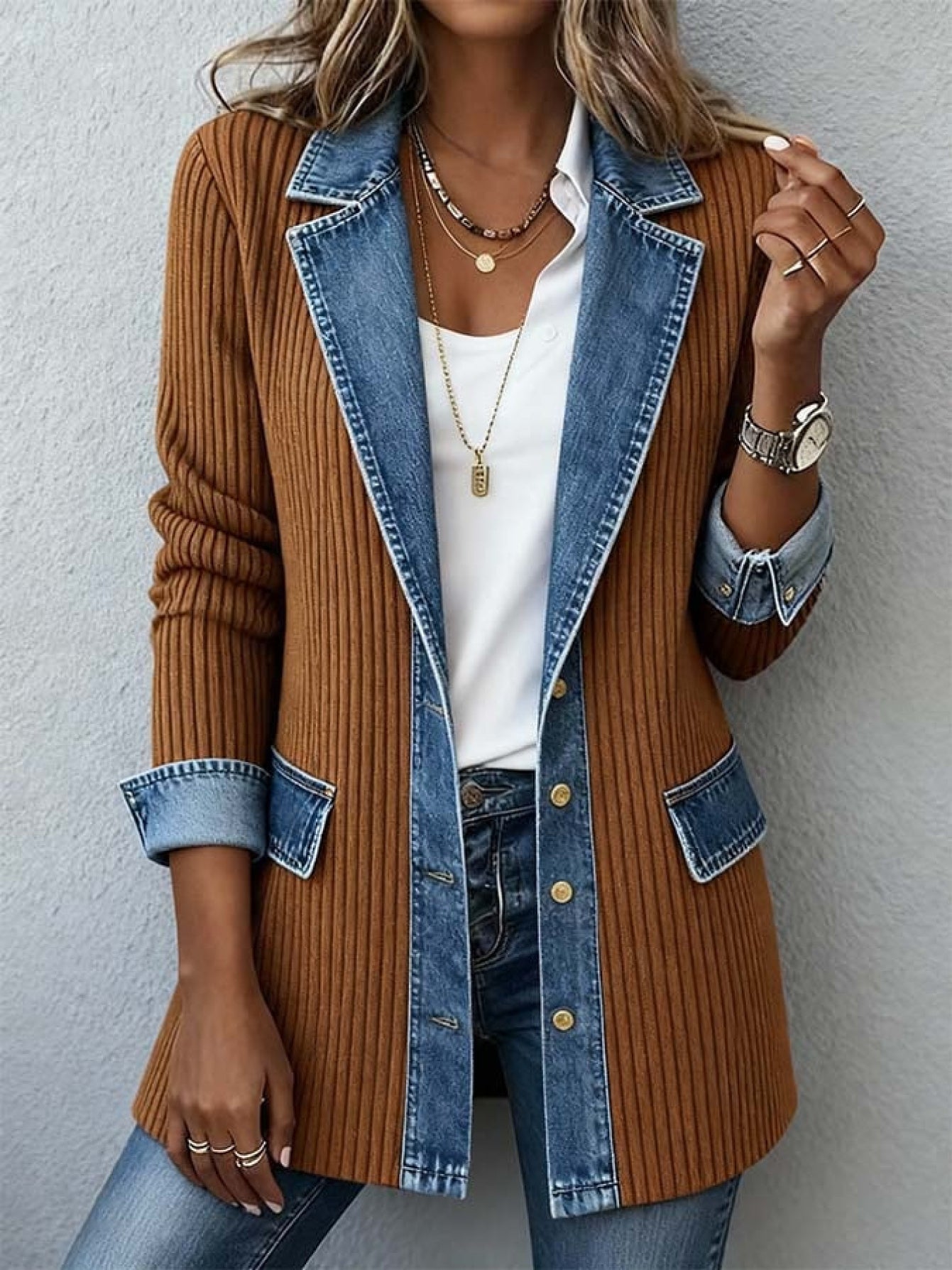Damen Blazer im Denim-Look, Eleganter Freizeit-Jacke für Büro und Alltag