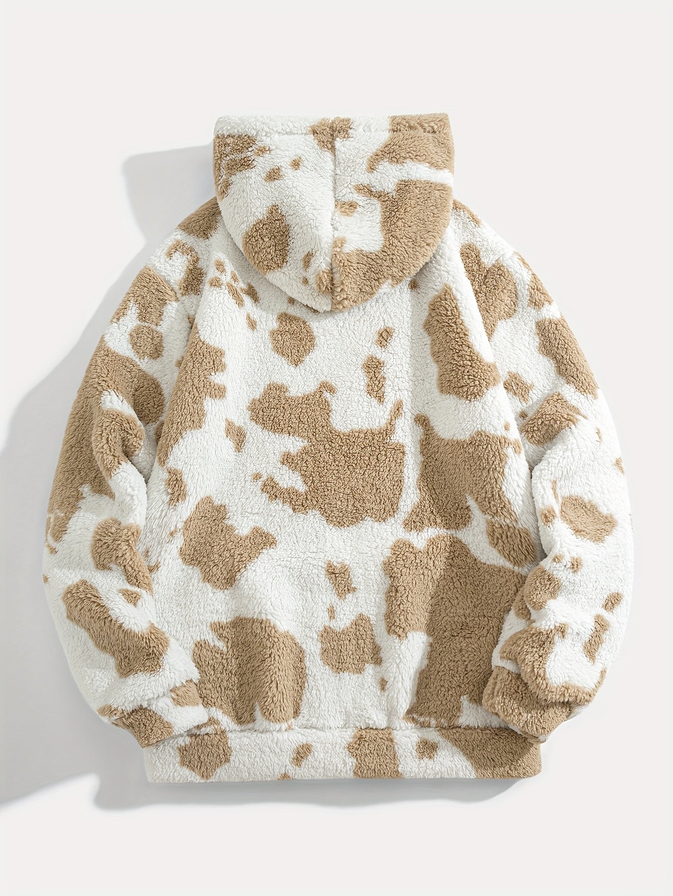 Unisex Teddy Fleece Hoodie mit Kapuze und Kuhfleckenmuster