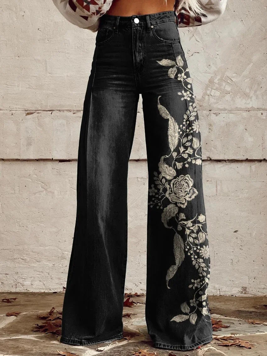 Jean large bohème pour femmes avec design artistique graphique et style vintage, idéal pour le streetwear et les festivals