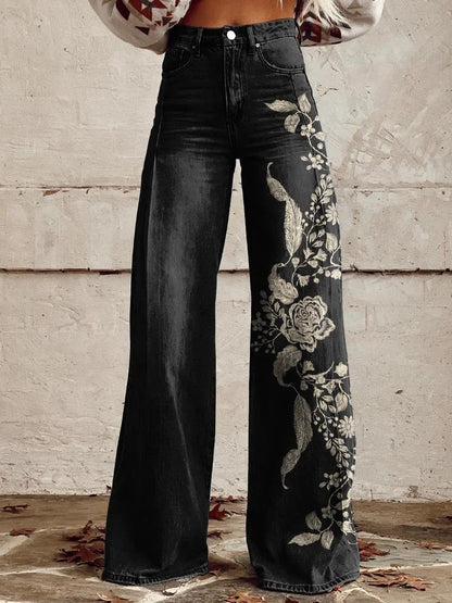 Jean large bohème pour femmes avec design artistique graphique et style vintage, idéal pour le streetwear et les festivals