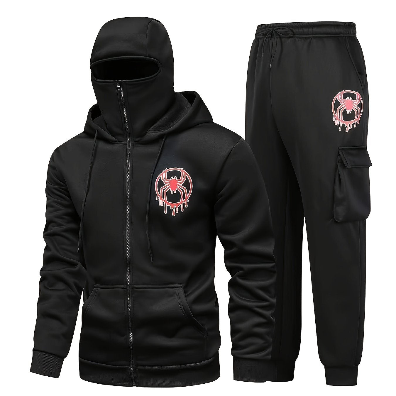 Unisex Kapuzenpullover Balaclava-Design & Jogginghose Trainingsanzug mit Spinnen-Logo