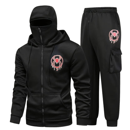 Unisex Kapuzenpullover Balaclava-Design & Jogginghose Trainingsanzug mit Spinnen-Logo
