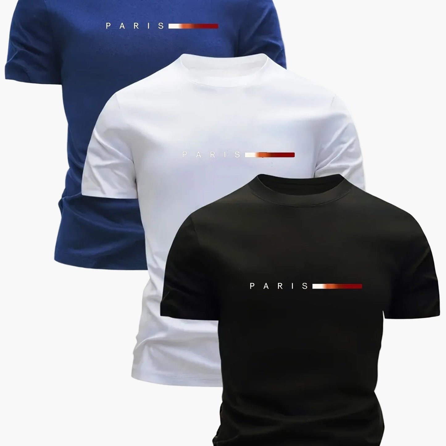 Set da 3 T-shirt da uomo – Stampa moderna di Parigi, tempo libero e sport, manica corta, girocollo