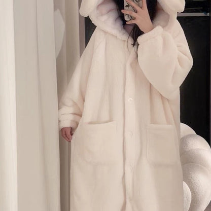 Unisex morgenkåbe i plys med hætte med kaninører, beige