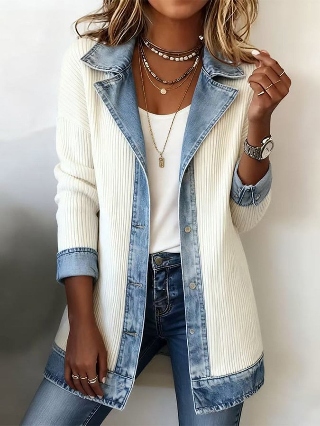 Damen Blazer im Denim-Look, Eleganter Freizeit-Jacke für Büro und Alltag