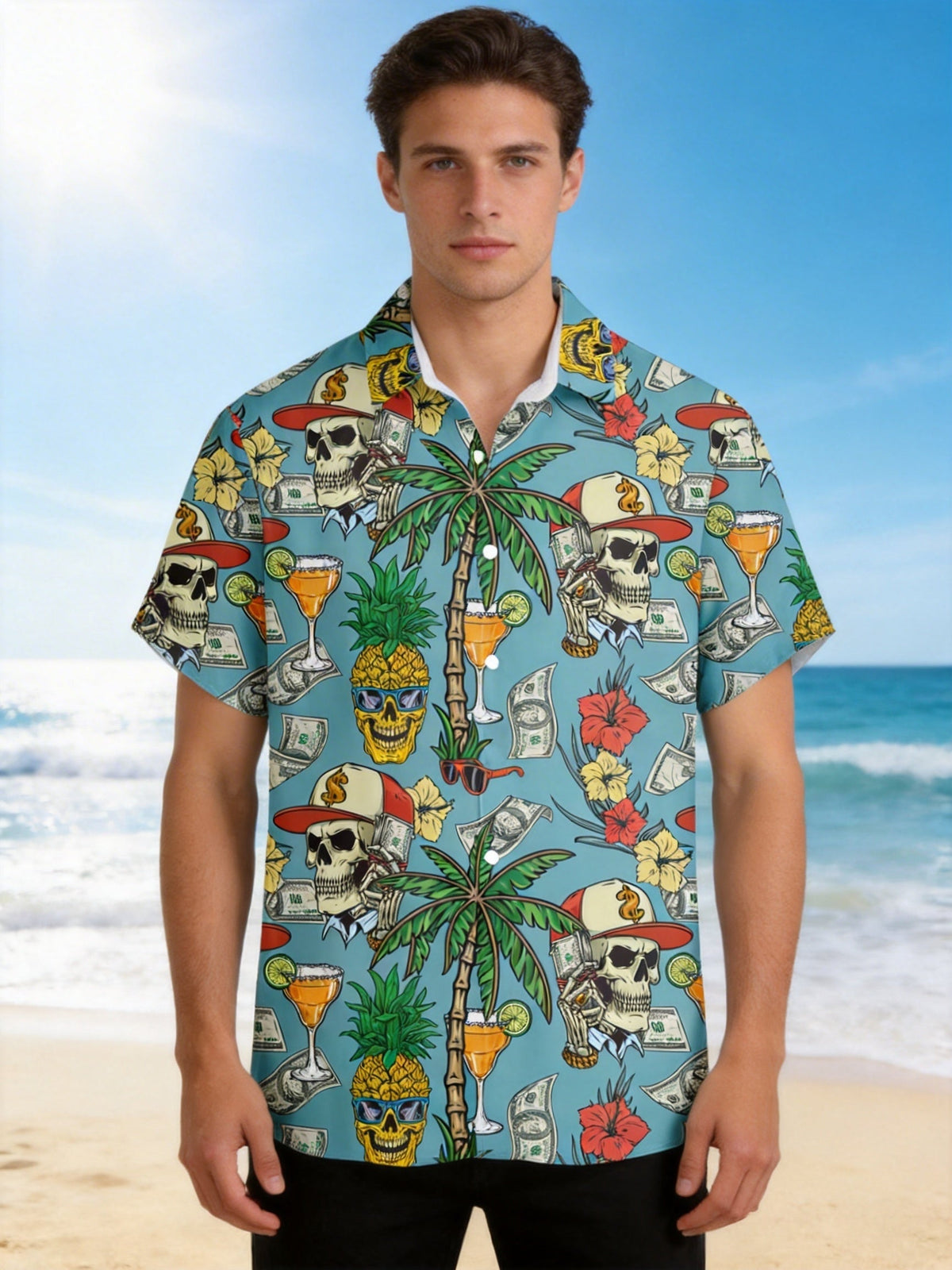 Herren Hawaiihemd mit Totenkopf, Palmen & Geld Print – Extravaganter Sommer- und Party-Look