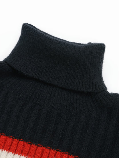 Damen Rollkragen Strickkleid Rippenmuster Marineblau Rot Weiß Gestreift
