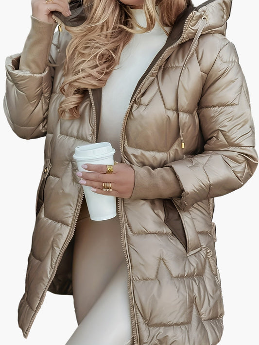 Dames elegante gewatteerde jas met capuchon – Warme lange winterjas voor dagelijks gebruik & speciale gelegenheden