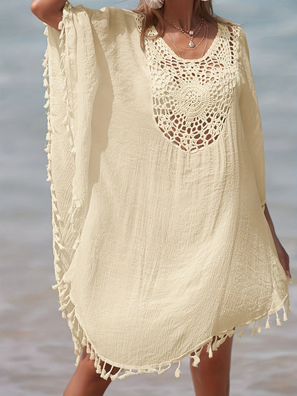 Dame strandkaftan poncho med hæklet detalje og frynser – Perfekt strandmode og sommer cover-up