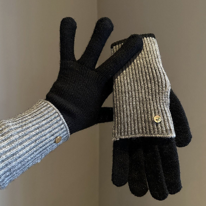Strickhandschuhe mit abnehmbaren Fäustling-Aufsatz Beige Grau Zweifarbig