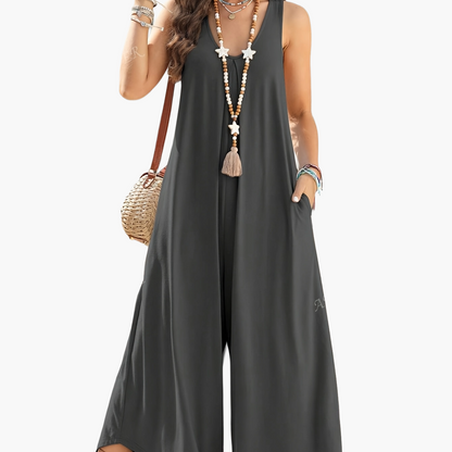 Mono ancho de mujer con escote en V y bolsillos – Mono veraniego casual para el día a día y vacaciones
