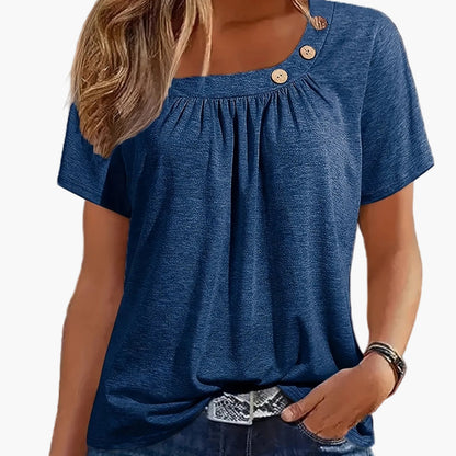 Damen Sommer-Shirt mit asymmetrischem Ausschnitt und Knopfdetail – Lässiges, modisches Freizeitoberteil