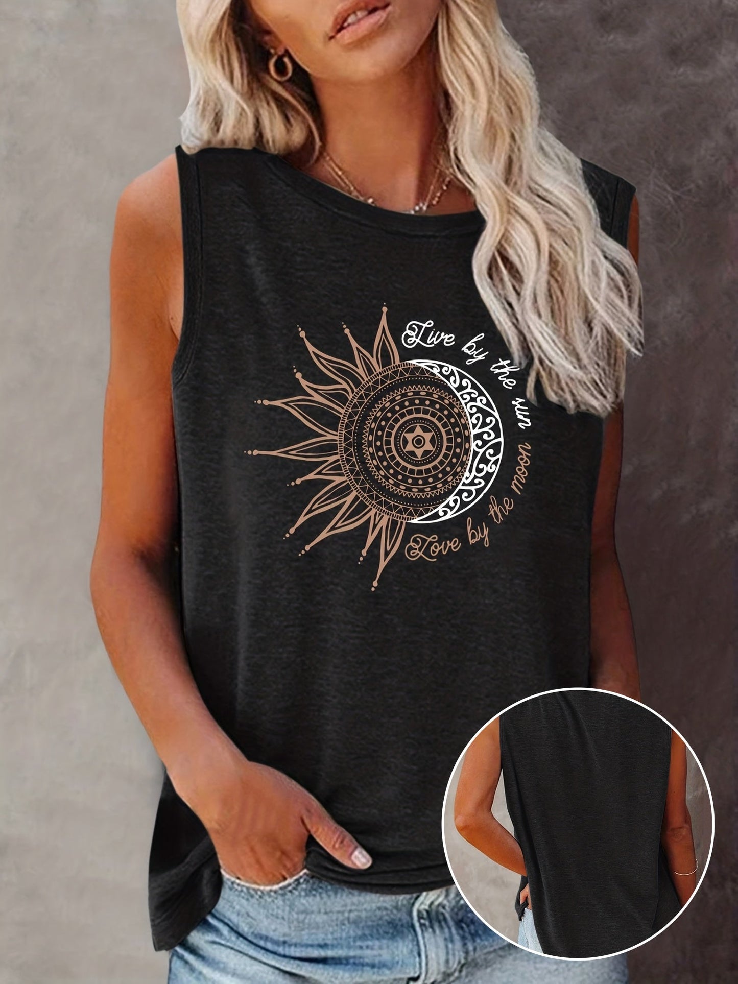 Dames tanktop met mandala zon- en maanprint – boho zomer vrijetijdsshirt