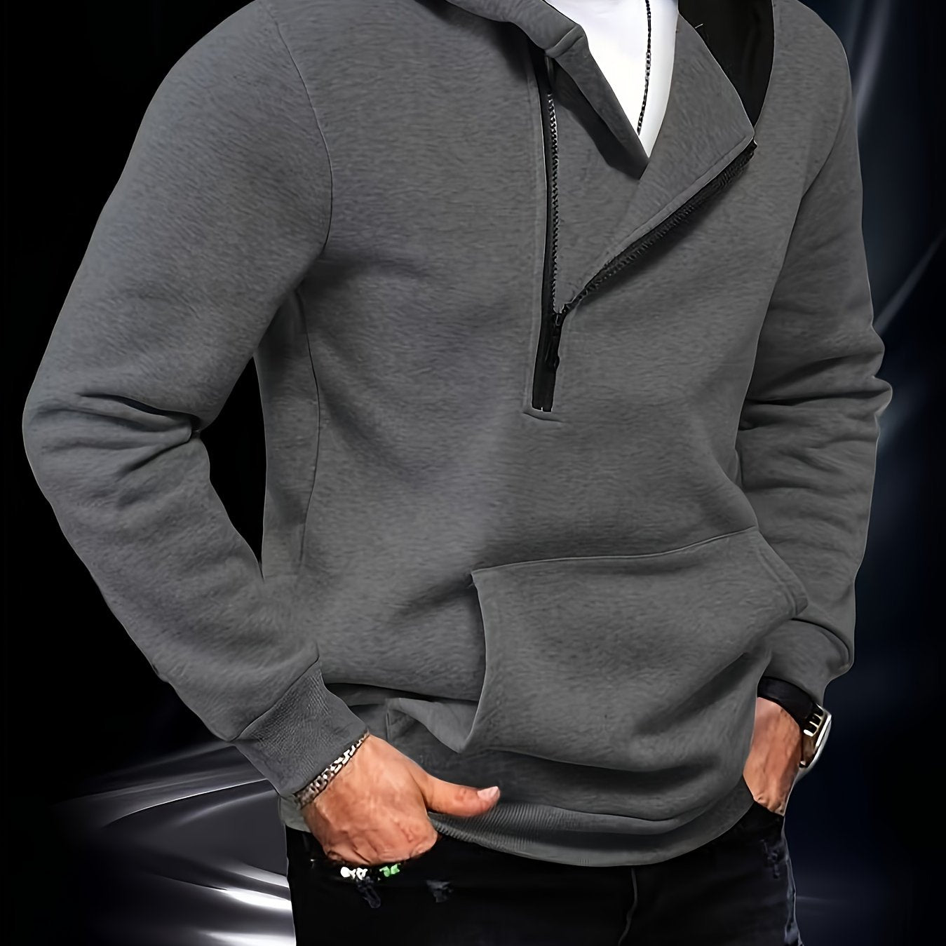 Herren Kapuzenpullover mit diagonalem Reißverschluss Kängurutasche