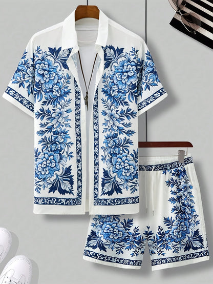 Ensemble d'été décontracté homme avec chemise à manches courtes et short, motif floral, vacances & plage